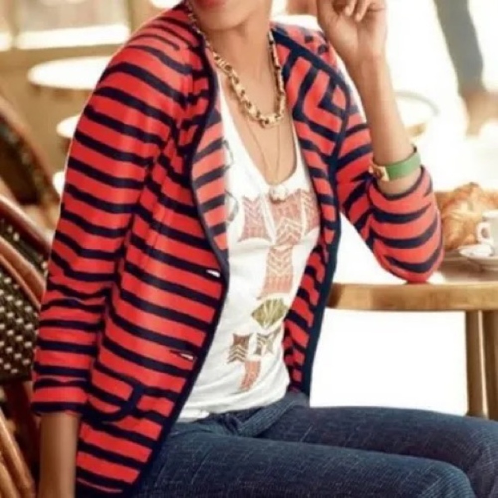 CAbi style 224 Red Jacket with navy stripes.